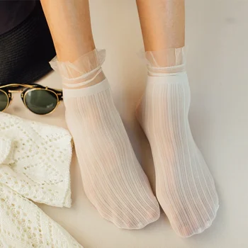 Kadife Kadın Çorap Ultra-ince Şeffaf Dantel Fırfırlı Fırfır Çorap Kadın Moda Yaz Japane Tarzı Harajuku Retro Uzun Çorap