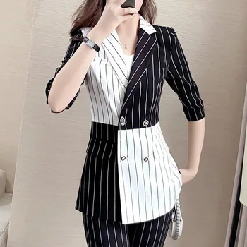 Moda Profesyonel Takım Elbise Bayanlar Siyah Beyaz Dikiş Çizgili Takım Elbise Ceket İnce Düz Pantolon Blazer İş İki parçalı Setleri