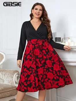 GIBSIE Artı Boyutu Cüppe Boyun Çiçek Baskı Kuşaklı Elbise Kadın Bahar Güz Uzun Kollu Zarif Diz Boyu A-Line Elbiseler