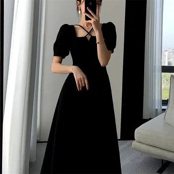 Küçük Siyah Elbise 2022 Yaz Yeni Düz Renk Kare Boyun Kısa Kollu Fermuar Uzun Bir Çizgi Etek Basit Moda Kadın Giyim